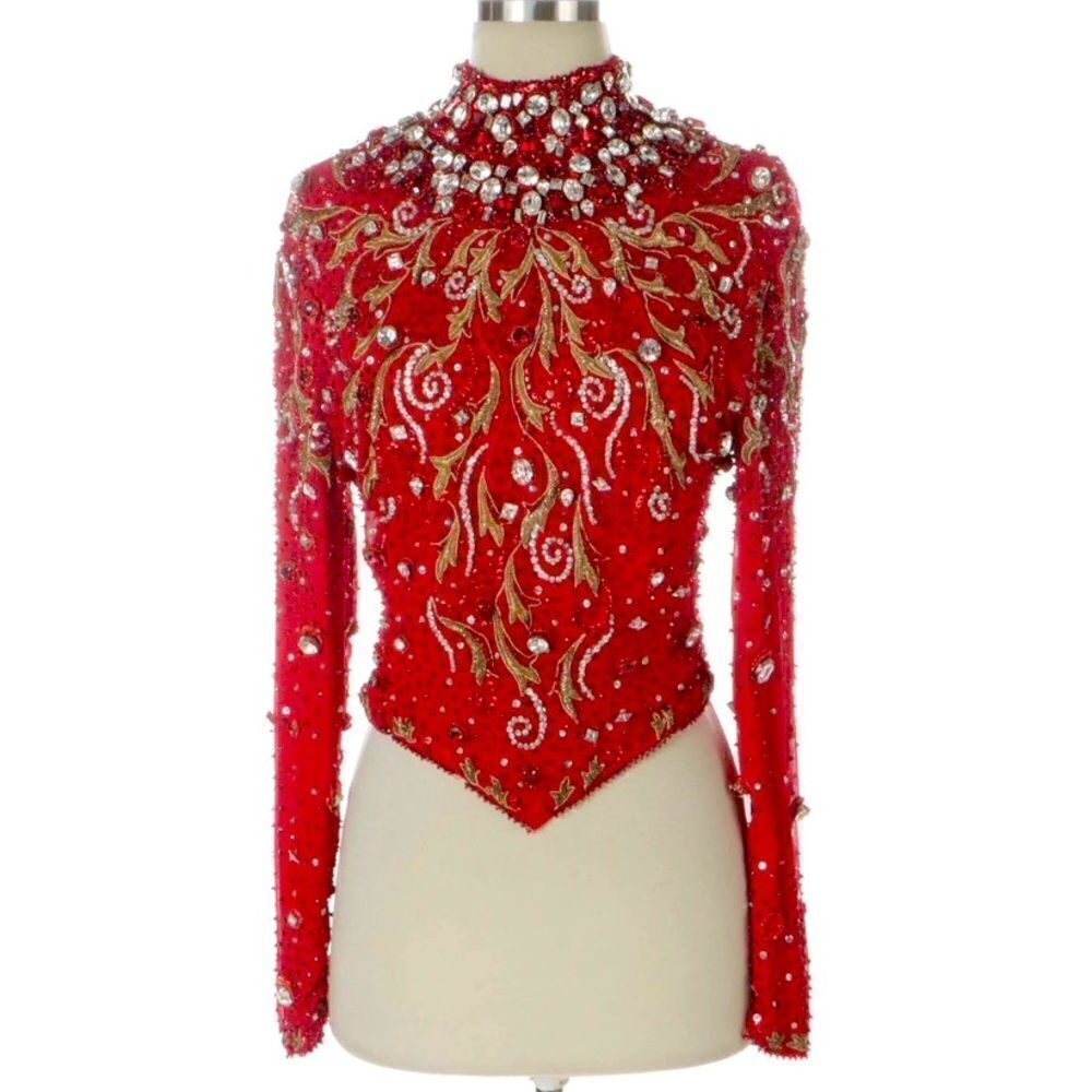 ✨VINTAGE Italian Embroidered and Embellished Gemstone Red Silk Evening Blouse